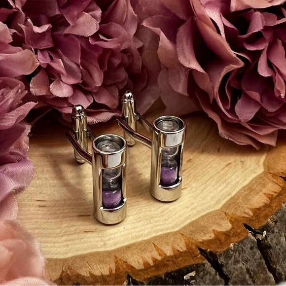 Unique Silver Cylinder Purple Sand Hourglass Cufflinks - Picture 7 of 17